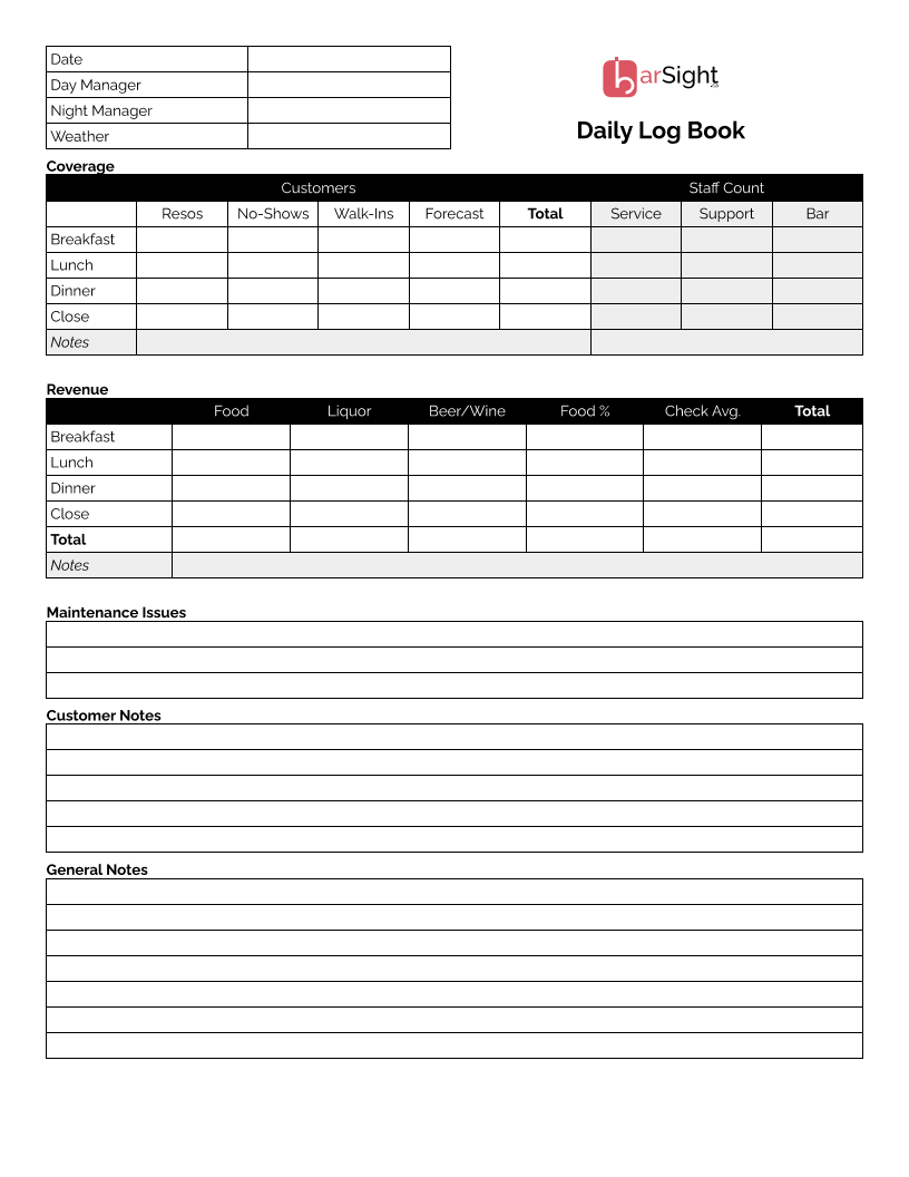 Restaurant Manager Logbook Free Template