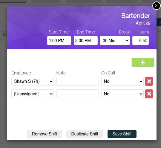 Employee Scheduling Shift Form