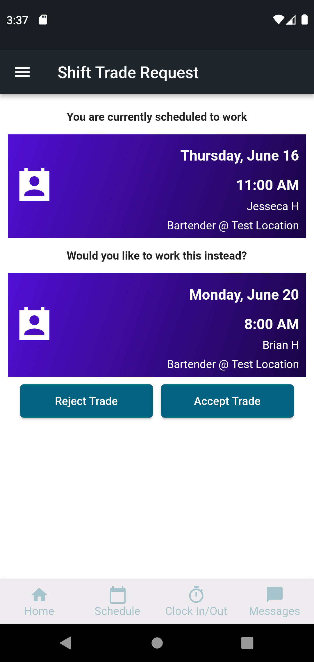 BarSight Mobile App Shift Trade Screen