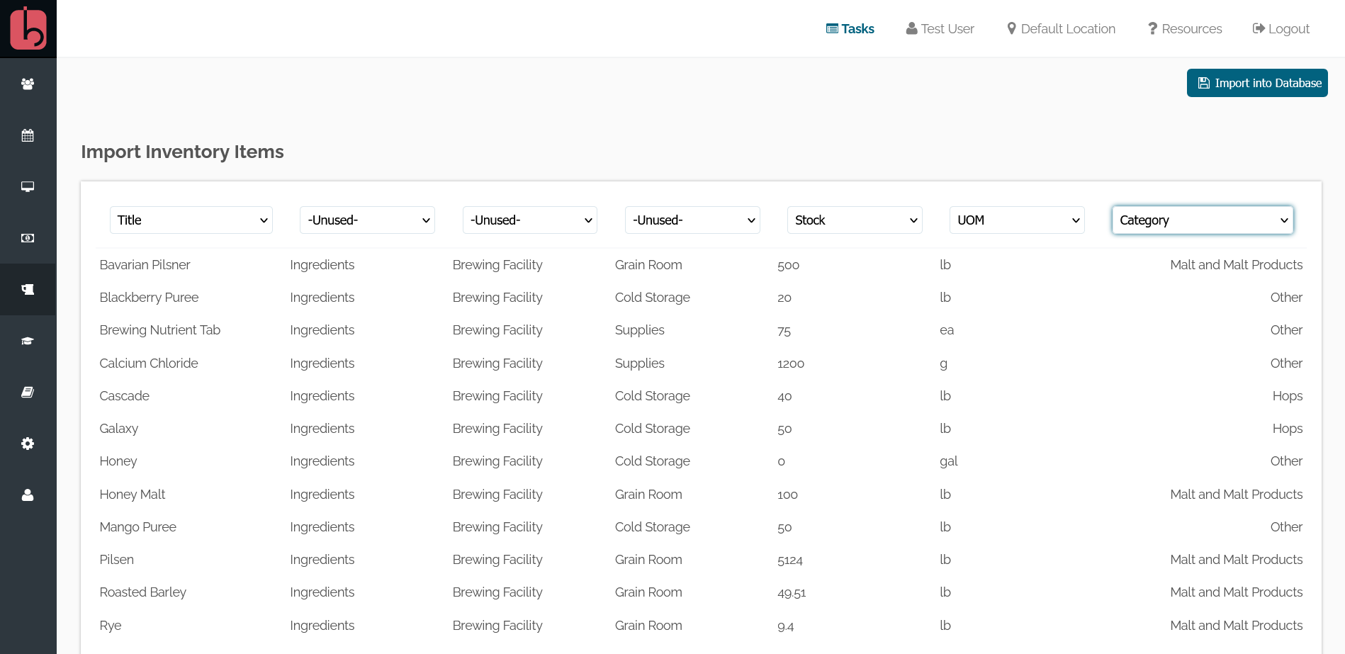 BarSight import ingredients into inventory system