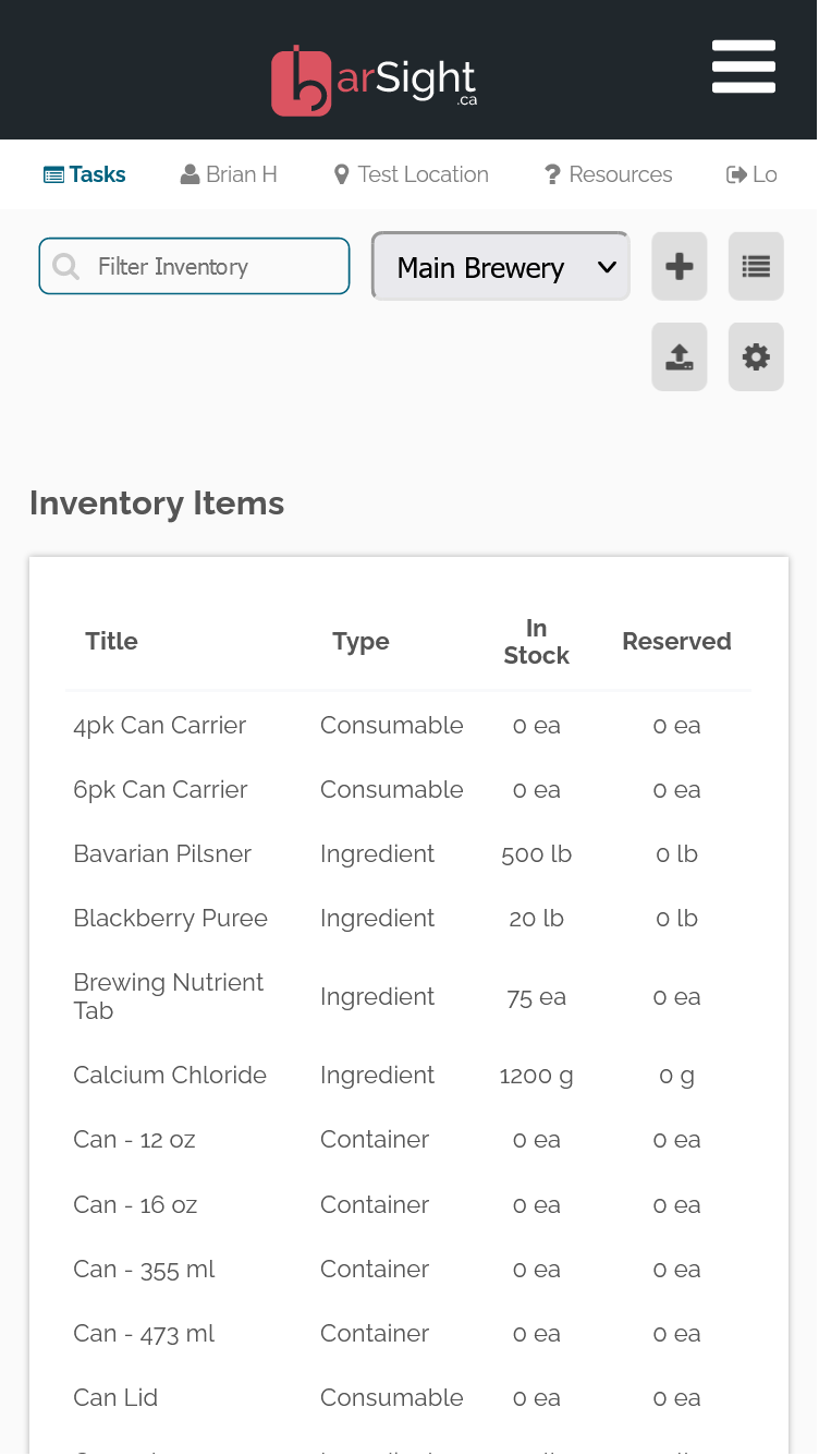 BarSight Brewery Inventory Management - Inventory List