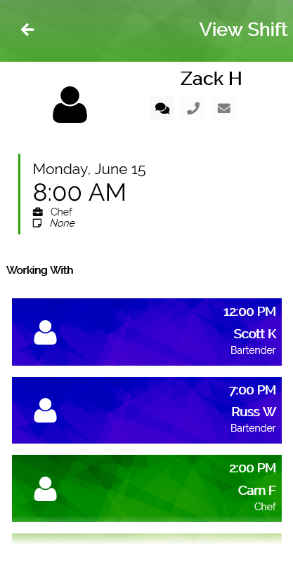 BarSight Restaurant Systems Employee Schedule Mobile View